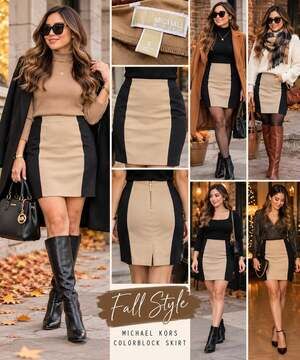 Michael Kors Colorblock Pencil Skirt Size 6 Tan Black Back Zip